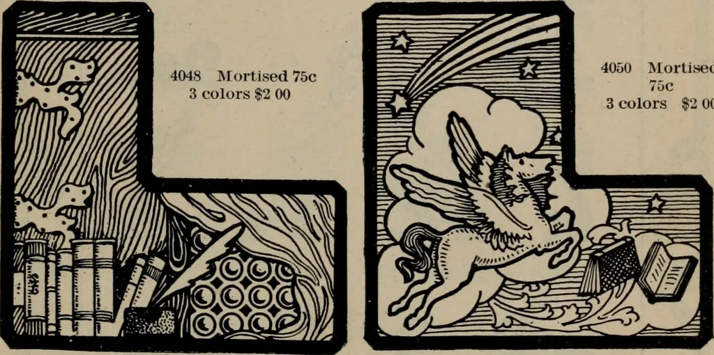 An illustration from Abridged specimen book, type : nickel-alloy on universal line comprising a price list of types, borders, leads and slugs, brass rule, brass galleys ; miscellaneous cuts and general supplies for printers, 1906, leaf 362