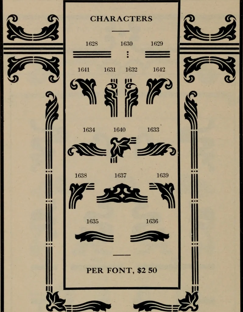 An illustration from Abridged specimen book, type : nickel-alloy on universal line comprising a price list of types, borders, leads and slugs, brass rule, brass galleys ; miscellaneous cuts and general supplies for printers, 1906, leaf 365