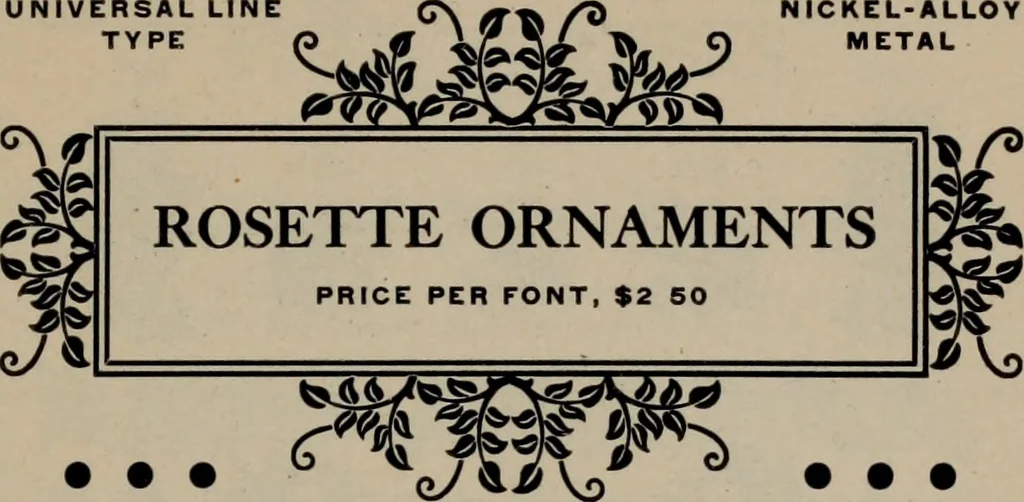 An illustration from Abridged specimen book, type : nickel-alloy on universal line comprising a price list of types, borders, leads and slugs, brass rule, brass galleys ; miscellaneous cuts and general supplies for printers, 1906, leaf 372