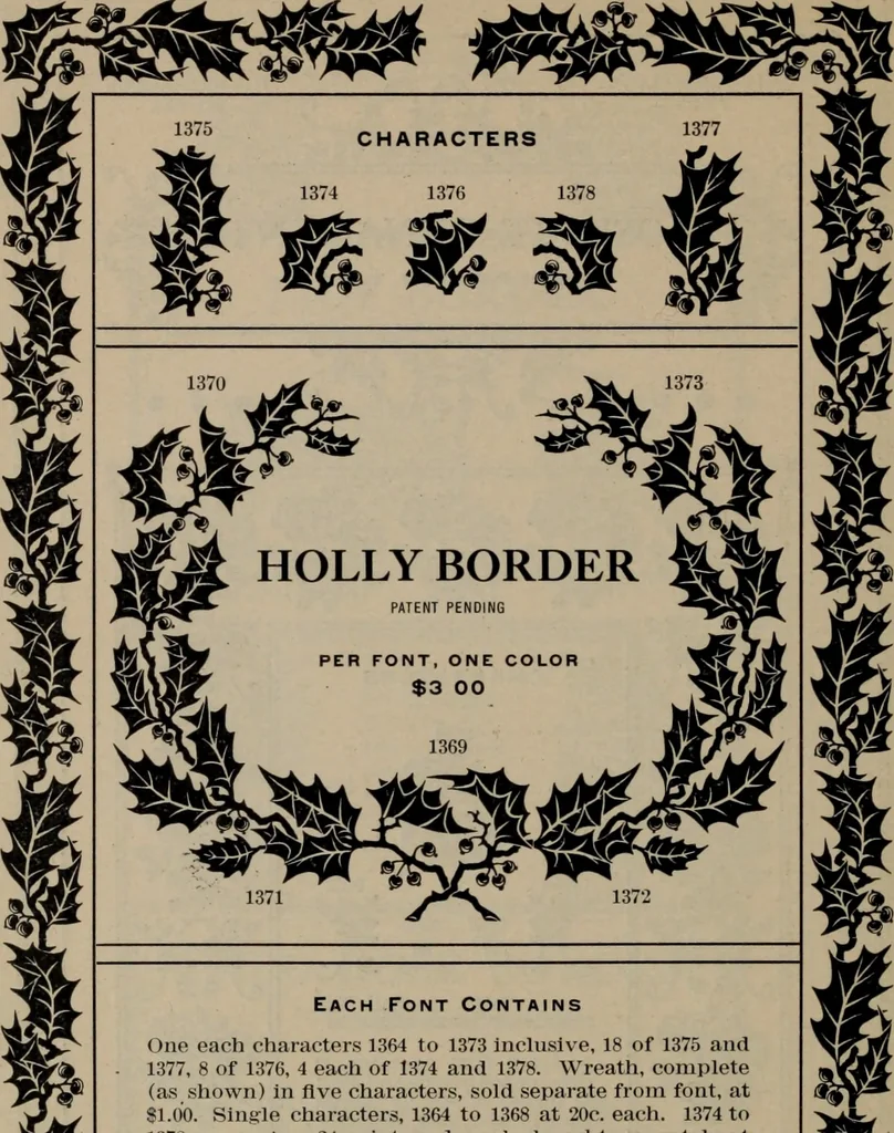 An illustration from Abridged specimen book, type : nickel-alloy on universal line comprising a price list of types, borders, leads and slugs, brass rule, brass galleys ; miscellaneous cuts and general supplies for printers, 1906, leaf 373