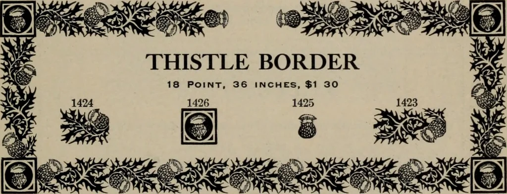 An illustration from Abridged specimen book, type : nickel-alloy on universal line comprising a price list of types, borders, leads and slugs, brass rule, brass galleys ; miscellaneous cuts and general supplies for printers, 1906, leaf 376