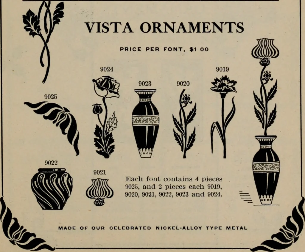 An illustration from Abridged specimen book, type : nickel-alloy on universal line comprising a price list of types, borders, leads and slugs, brass rule, brass galleys ; miscellaneous cuts and general supplies for printers, 1906, leaf 388