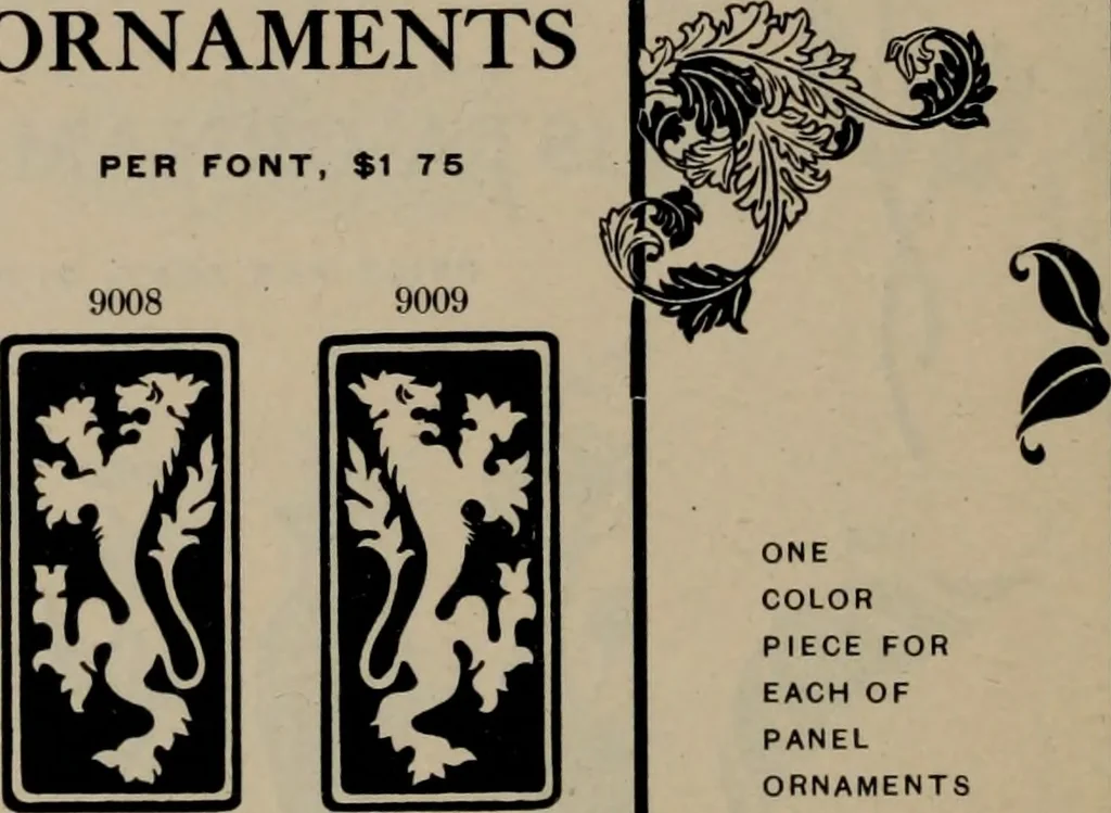 An illustration from Abridged specimen book, type : nickel-alloy on universal line comprising a price list of types, borders, leads and slugs, brass rule, brass galleys ; miscellaneous cuts and general supplies for printers, 1906, leaf 389
