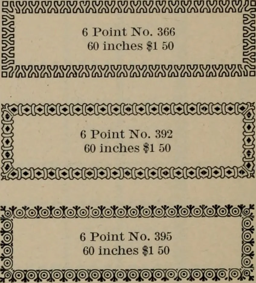 An illustration from Abridged specimen book, type : nickel-alloy on universal line comprising a price list of types, borders, leads and slugs, brass rule, brass galleys ; miscellaneous cuts and general supplies for printers, 1906, leaf 403