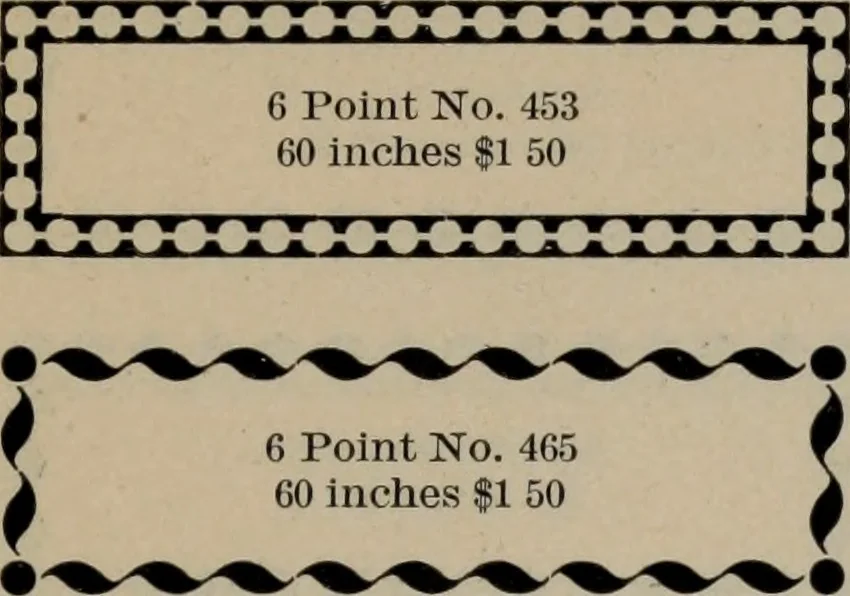 An illustration from Abridged specimen book, type : nickel-alloy on universal line comprising a price list of types, borders, leads and slugs, brass rule, brass galleys ; miscellaneous cuts and general supplies for printers, 1906, leaf 404