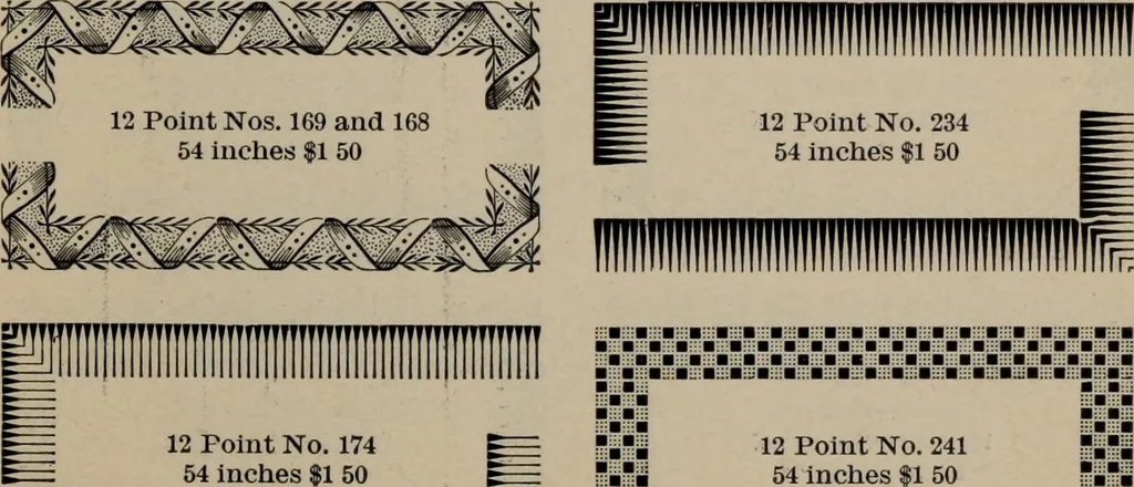An illustration from Abridged specimen book, type : nickel-alloy on universal line comprising a price list of types, borders, leads and slugs, brass rule, brass galleys ; miscellaneous cuts and general supplies for printers, 1906, leaf 408