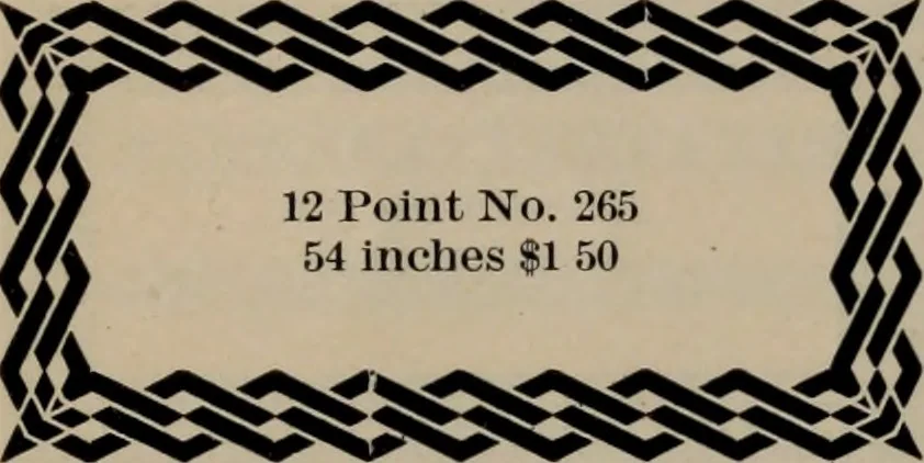 An illustration from Abridged specimen book, type : nickel-alloy on universal line comprising a price list of types, borders, leads and slugs, brass rule, brass galleys ; miscellaneous cuts and general supplies for printers, 1906, leaf 409