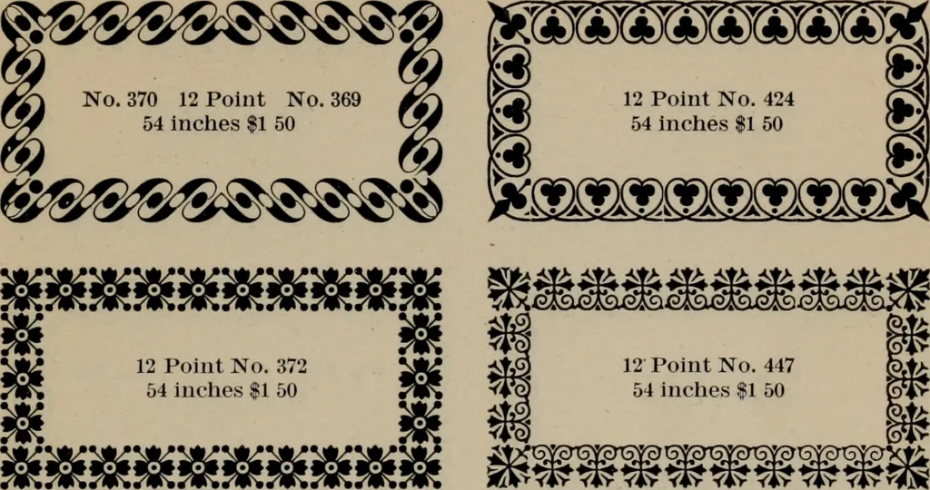 An illustration from Abridged specimen book, type : nickel-alloy on universal line comprising a price list of types, borders, leads and slugs, brass rule, brass galleys ; miscellaneous cuts and general supplies for printers, 1906, leaf 410