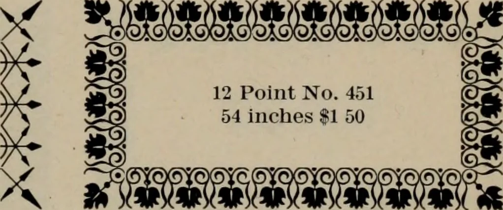 An illustration from Abridged specimen book, type : nickel-alloy on universal line comprising a price list of types, borders, leads and slugs, brass rule, brass galleys ; miscellaneous cuts and general supplies for printers, 1906, leaf 410