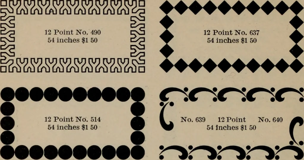 An illustration from Abridged specimen book, type : nickel-alloy on universal line comprising a price list of types, borders, leads and slugs, brass rule, brass galleys ; miscellaneous cuts and general supplies for printers, 1906, leaf 411