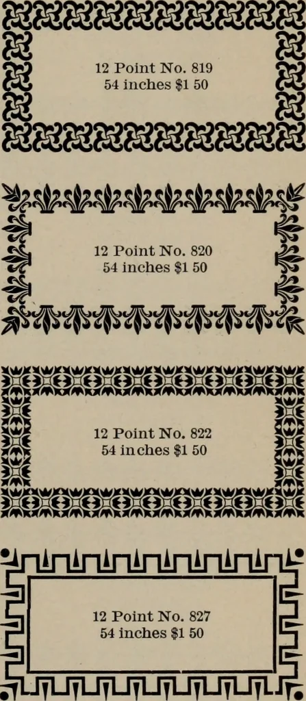 An illustration from Abridged specimen book, type : nickel-alloy on universal line comprising a price list of types, borders, leads and slugs, brass rule, brass galleys ; miscellaneous cuts and general supplies for printers, 1906, leaf 412