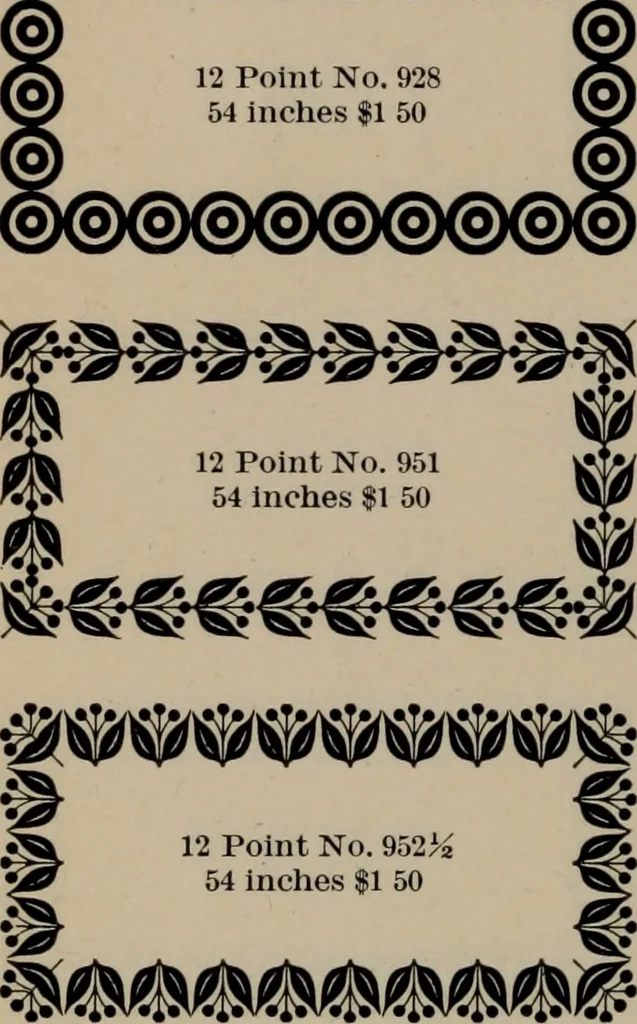 An illustration from Abridged specimen book, type : nickel-alloy on universal line comprising a price list of types, borders, leads and slugs, brass rule, brass galleys ; miscellaneous cuts and general supplies for printers, 1906, leaf 413