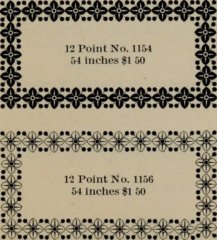 An illustration from Abridged specimen book, type : nickel-alloy on universal line comprising a price list of types, borders, leads and slugs, brass rule, brass galleys ; miscellaneous cuts and general supplies for printers, 1906, leaf 414