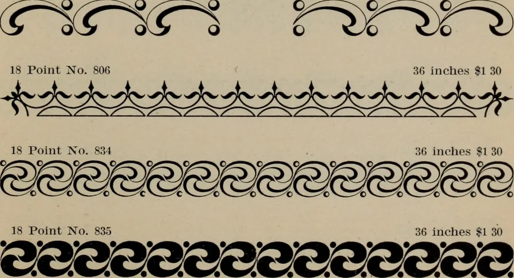 An illustration from Abridged specimen book, type : nickel-alloy on universal line comprising a price list of types, borders, leads and slugs, brass rule, brass galleys ; miscellaneous cuts and general supplies for printers, 1906, leaf 418