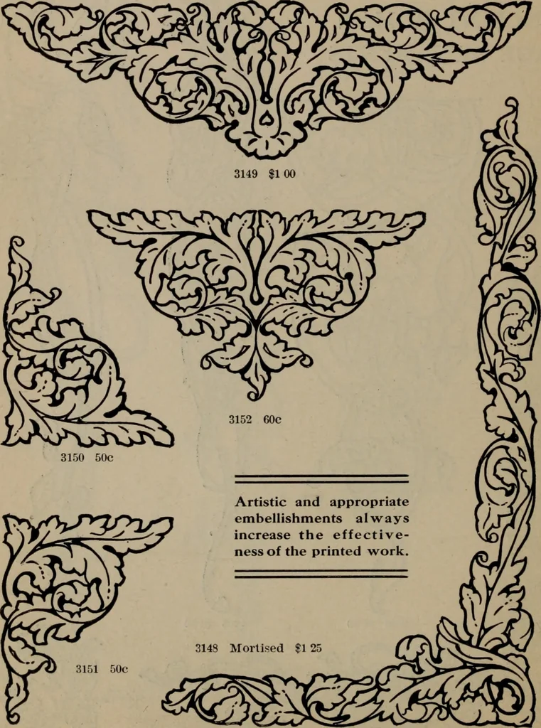 An illustration from Abridged specimen book, type : nickel-alloy on universal line comprising a price list of types, borders, leads and slugs, brass rule, brass galleys ; miscellaneous cuts and general supplies for printers, 1906, leaf 439