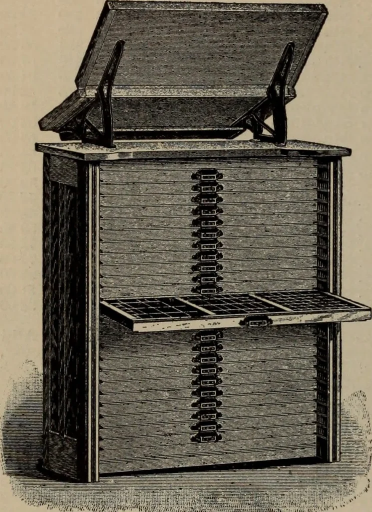 An illustration from Abridged specimen book, type : nickel-alloy on universal line comprising a price list of types, borders, leads and slugs, brass rule, brass galleys ; miscellaneous cuts and general supplies for printers, 1906, leaf 543