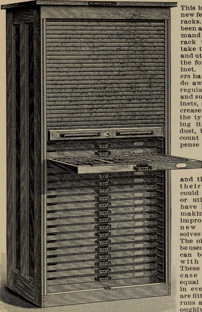 An illustration from Abridged specimen book, type : nickel-alloy on universal line comprising a price list of types, borders, leads and slugs, brass rule, brass galleys ; miscellaneous cuts and general supplies for printers, 1906, leaf 548
