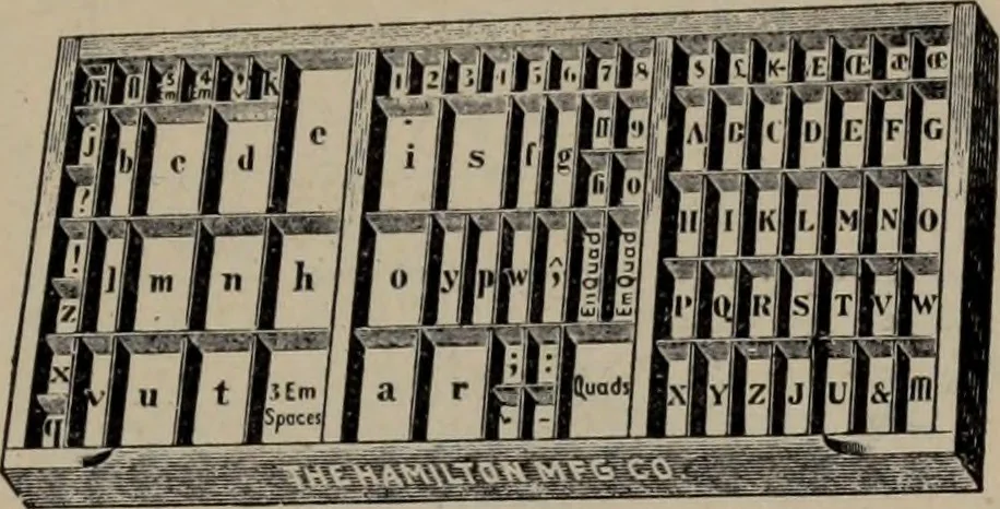 An illustration from Abridged specimen book, type : nickel-alloy on universal line comprising a price list of types, borders, leads and slugs, brass rule, brass galleys ; miscellaneous cuts and general supplies for printers, 1906, leaf 554