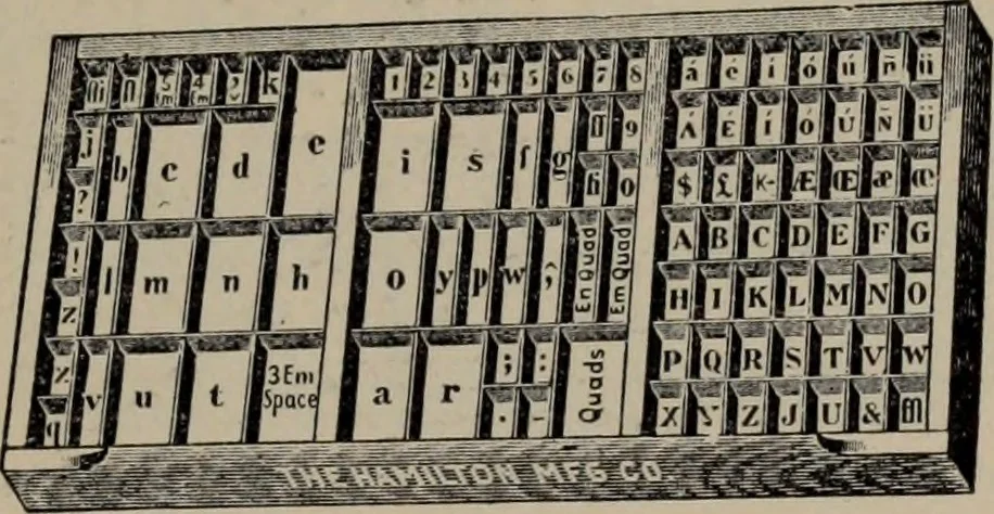An illustration from Abridged specimen book, type : nickel-alloy on universal line comprising a price list of types, borders, leads and slugs, brass rule, brass galleys ; miscellaneous cuts and general supplies for printers, 1906, leaf 554