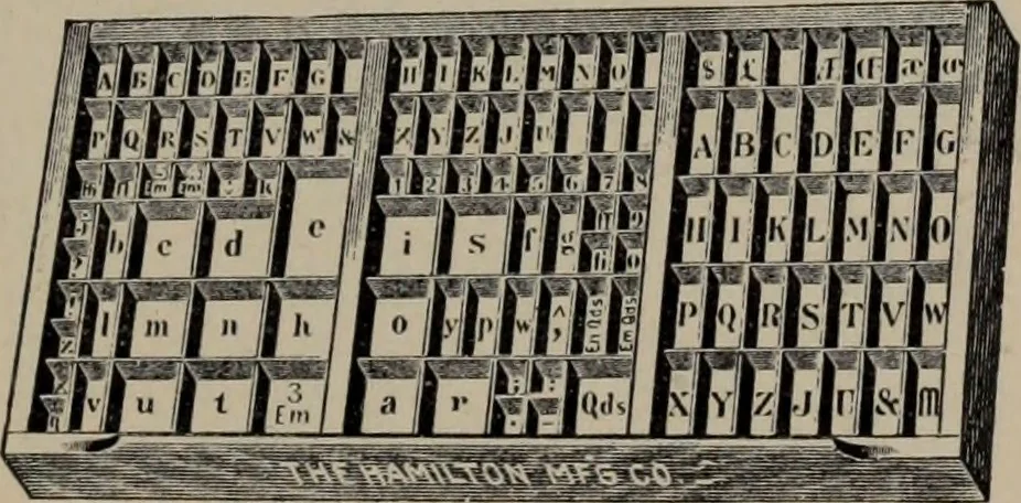An illustration from Abridged specimen book, type : nickel-alloy on universal line comprising a price list of types, borders, leads and slugs, brass rule, brass galleys ; miscellaneous cuts and general supplies for printers, 1906, leaf 554