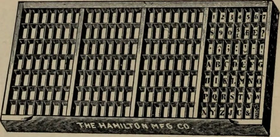 An illustration from Abridged specimen book, type : nickel-alloy on universal line comprising a price list of types, borders, leads and slugs, brass rule, brass galleys ; miscellaneous cuts and general supplies for printers, 1906, leaf 555