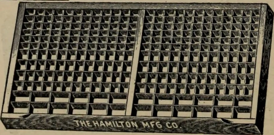An illustration from Abridged specimen book, type : nickel-alloy on universal line comprising a price list of types, borders, leads and slugs, brass rule, brass galleys ; miscellaneous cuts and general supplies for printers, 1906, leaf 555