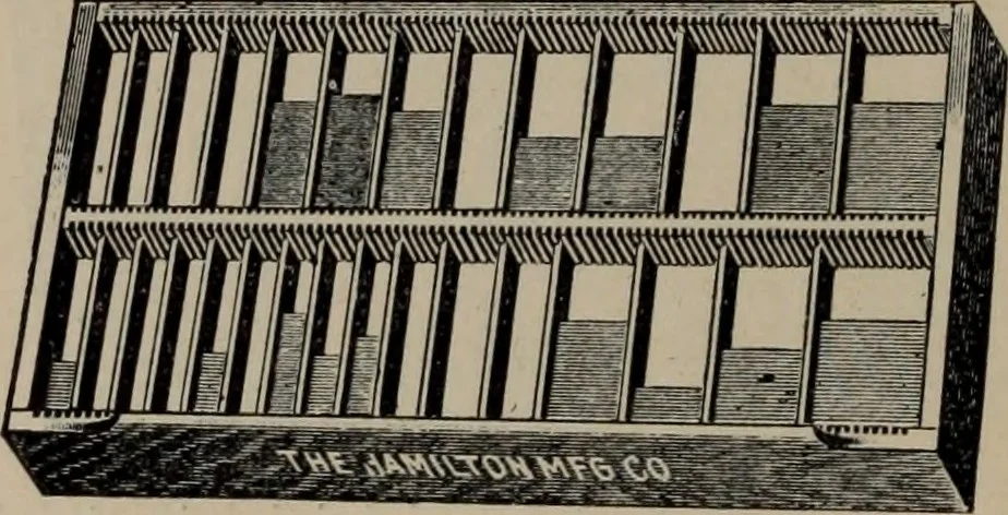 An illustration from Abridged specimen book, type : nickel-alloy on universal line comprising a price list of types, borders, leads and slugs, brass rule, brass galleys ; miscellaneous cuts and general supplies for printers, 1906, leaf 557