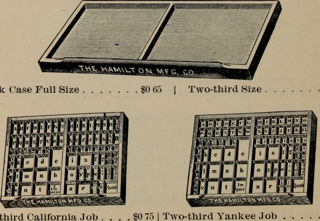 An illustration from Abridged specimen book, type : nickel-alloy on universal line comprising a price list of types, borders, leads and slugs, brass rule, brass galleys ; miscellaneous cuts and general supplies for printers, 1906, leaf 557