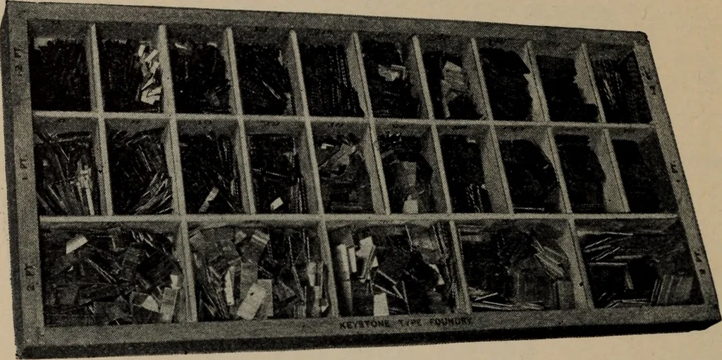 An illustration from Abridged specimen book, type : nickel-alloy on universal line comprising a price list of types, borders, leads and slugs, brass rule, brass galleys ; miscellaneous cuts and general supplies for printers, 1906, leaf 559