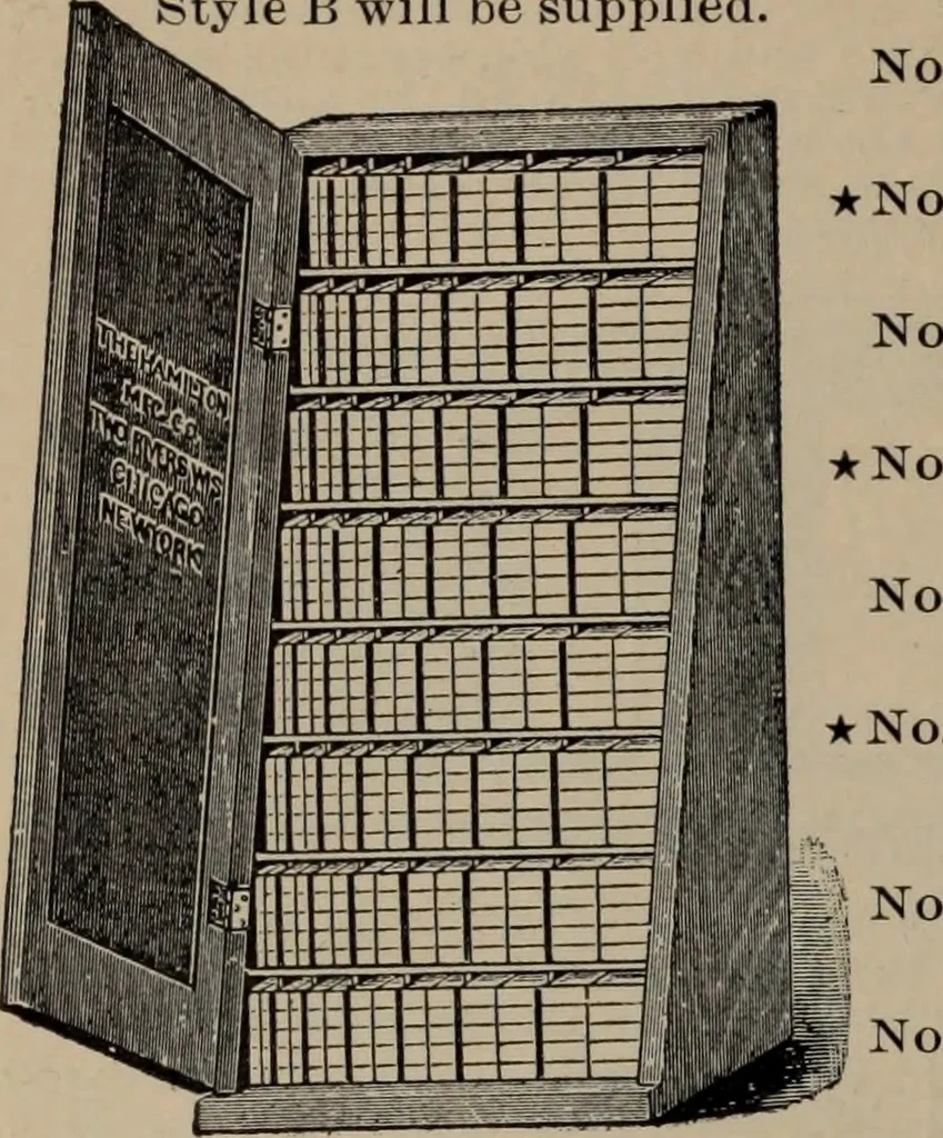 An illustration from Abridged specimen book, type : nickel-alloy on universal line comprising a price list of types, borders, leads and slugs, brass rule, brass galleys ; miscellaneous cuts and general supplies for printers, 1906, leaf 583