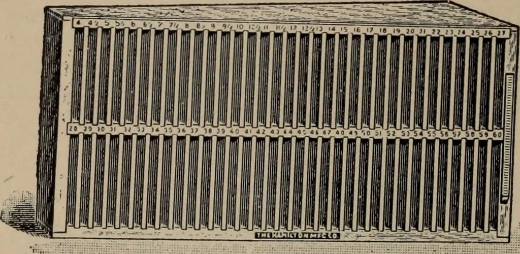 An illustration from Abridged specimen book, type : nickel-alloy on universal line comprising a price list of types, borders, leads and slugs, brass rule, brass galleys ; miscellaneous cuts and general supplies for printers, 1906, leaf 587