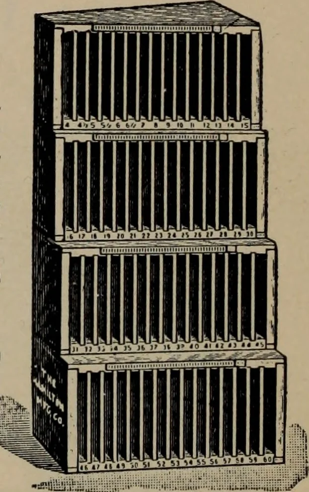An illustration from Abridged specimen book, type : nickel-alloy on universal line comprising a price list of types, borders, leads and slugs, brass rule, brass galleys ; miscellaneous cuts and general supplies for printers, 1906, leaf 587