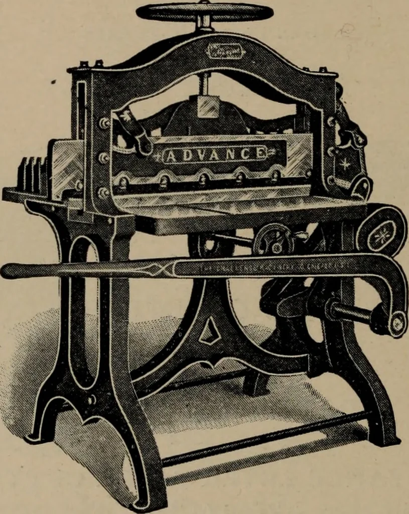 An illustration from Abridged specimen book, type : nickel-alloy on universal line comprising a price list of types, borders, leads and slugs, brass rule, brass galleys ; miscellaneous cuts and general supplies for printers, 1906, leaf 597