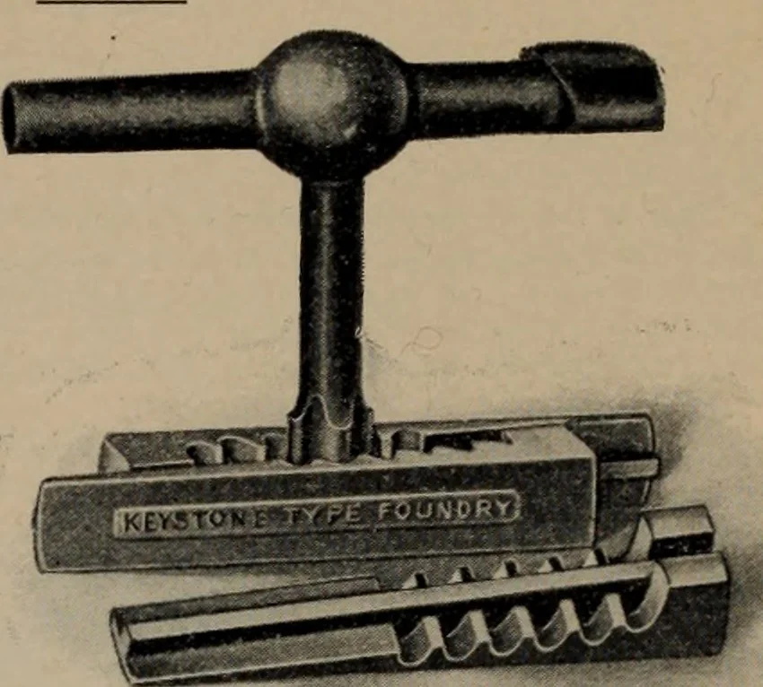 An illustration from Abridged specimen book, type : nickel-alloy on universal line comprising a price list of types, borders, leads and slugs, brass rule, brass galleys ; miscellaneous cuts and general supplies for printers, 1906, leaf 605