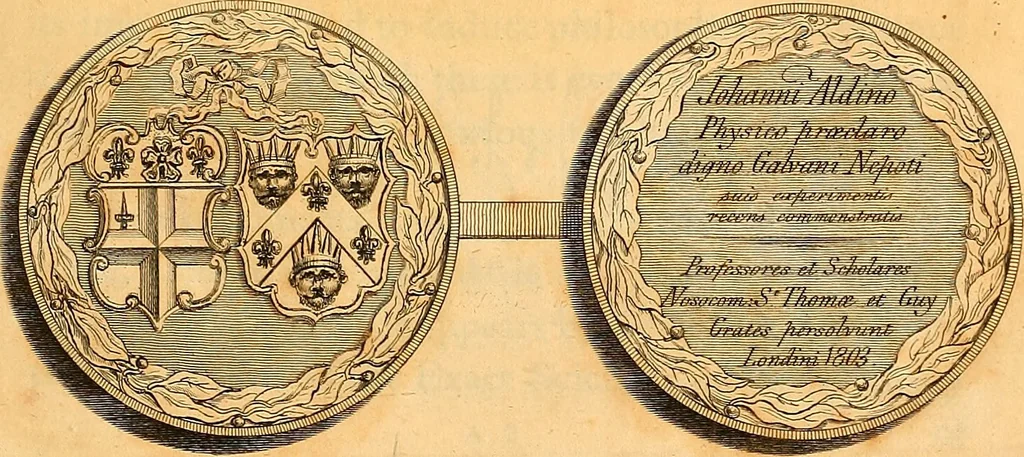 An illustration from An account of the late improvements in galvanism : with a series of curious and interesting experiments performed before the commissioners of the French National Institute, and repeated lately in the anatomical theatres of London, 1803, leaf 6