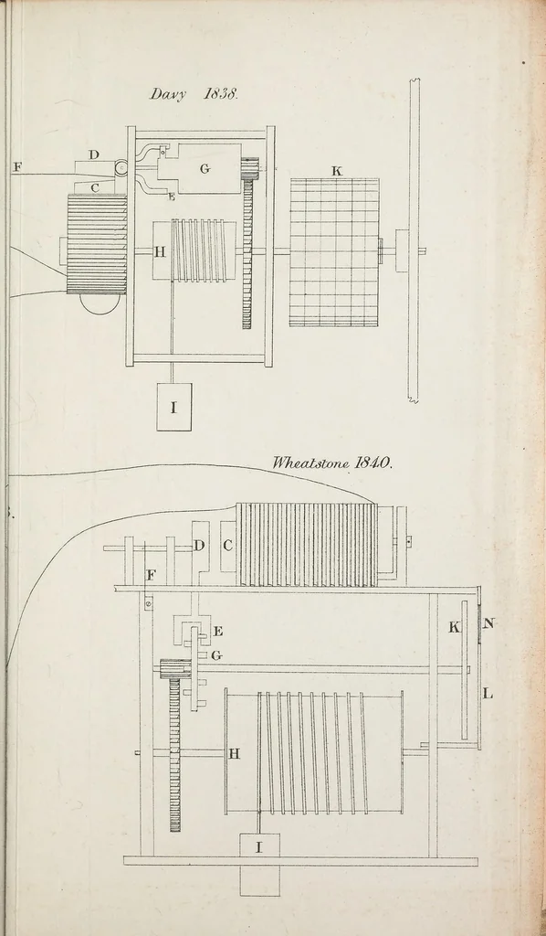 An illustration from An account of some remarkable applications of the electric fluid to the useful arts, by Mr. Alexander Bain : with a vindication of his claim to be the first inventor of the electro-magnetic printing telegraph, and also of the electro-magnetic clock, 1843, leaf 147