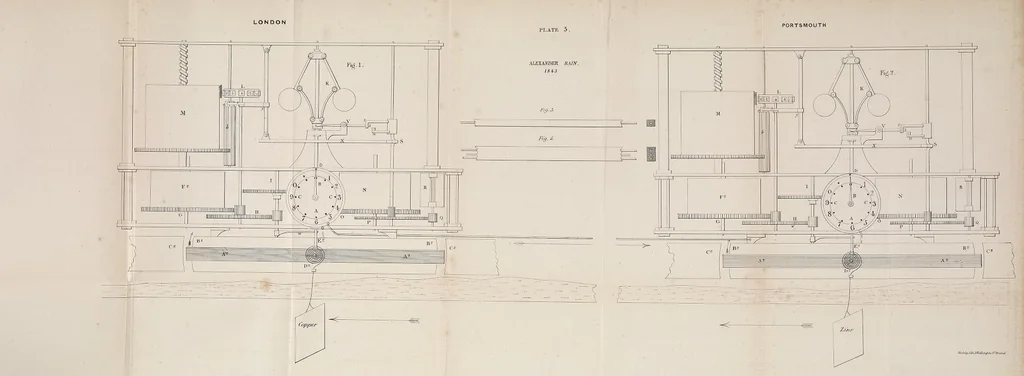 An illustration from An account of some remarkable applications of the electric fluid to the useful arts, by Mr. Alexander Bain : with a vindication of his claim to be the first inventor of the electro-magnetic printing telegraph, and also of the electro-magnetic clock, 1843, leaf 157