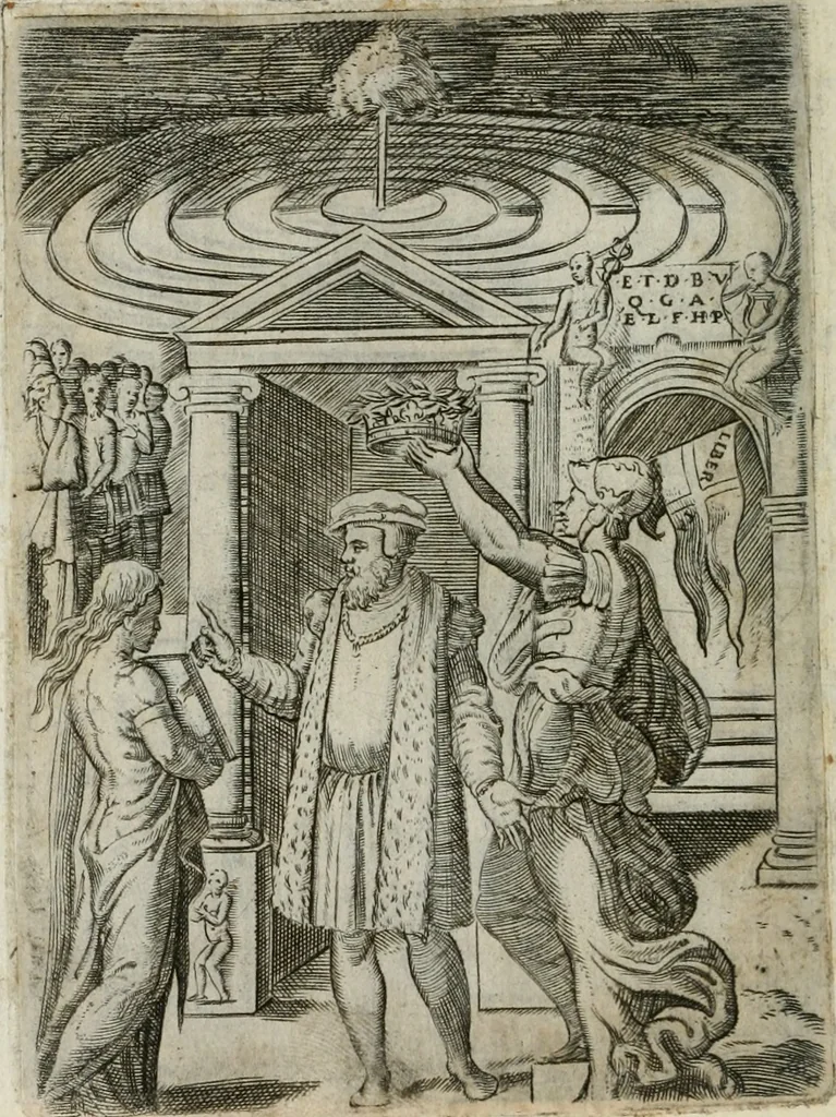 An illustration from Achillis Bocchii Bonon. Symbolicarum quaestionum, de vniuerso genere, quas serio ludebat, libri quinque, 1574, leaf 395