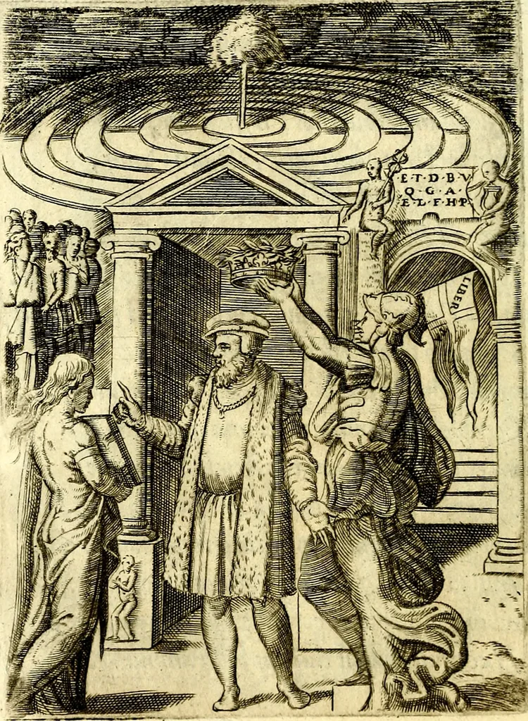 An illustration from Achillis Bocchii Bonon. Symbolicarvm qvaestionvm, de vniverso genere, quas serio ludebat, libri qvinqve, 1574, leaf 385