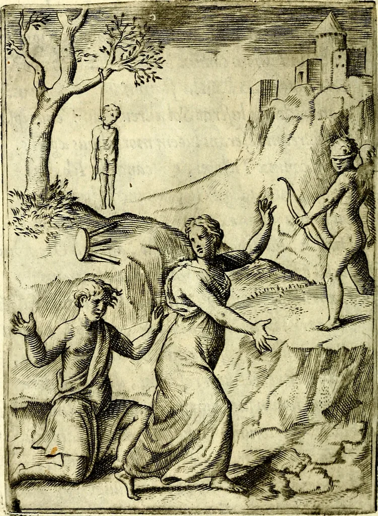 An illustration from Achillis Bocchii Bonon. Symbolicarvm qvaestionvm, de vniverso genere, quas serio ludebat, libri qvinqve, 1574, leaf 77