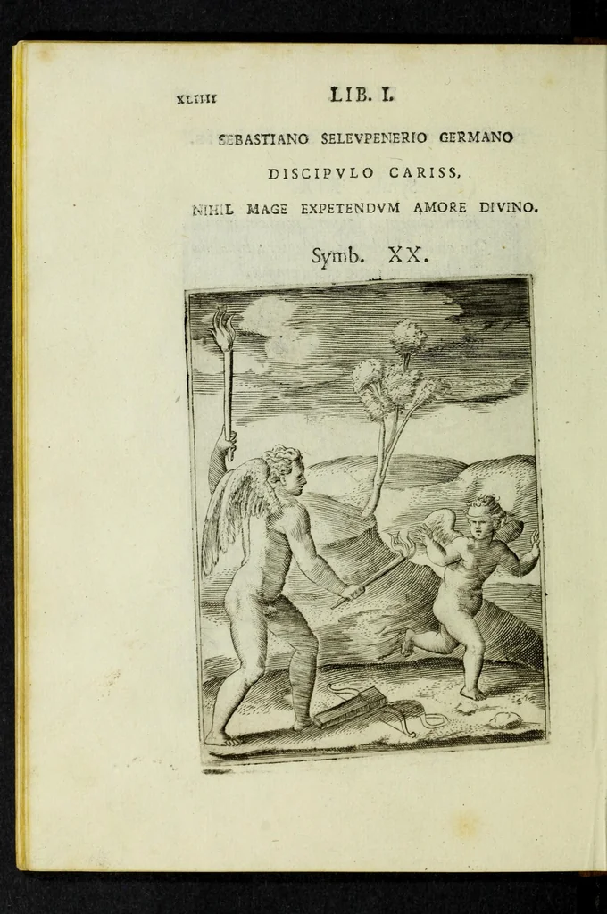 An illustration from Achillis Bocchii Bonon. Symbolicarvm qvaestionvm, de vniverso genere, quas serio ludebat, libri qvinqve, 1574, leaf 96
