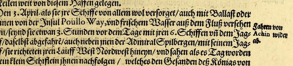 An illustration from Achter Theil der Orientalischen Indien, : begreiffend erstlich ein historische Beschreibung der Schiffart, so der Admiral Jacob von Neck auss Hollandt in die Orientalische Indien von Ann. 1600. biss An. 1603. gethan. Darnach ein historia, so von Johan Herman von Bree, Obersten Handelsmann auff dem Schiff der Hollandische Zaun genannt, in gleichmessiger Reyse von An. 1602. biss in An. 1604. auff gezeichnet worden., 1606, leaf 67