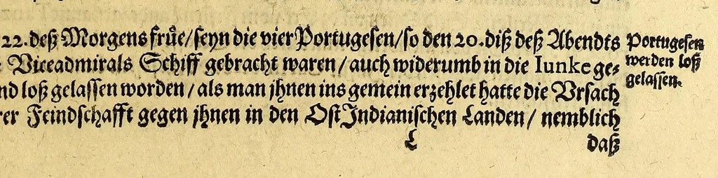 An illustration from Achter Theil der Orientalischen Indien, : begreiffend erstlich ein historische Beschreibung der Schiffart, so der Admiral Jacob von Neck auss Hollandt in die Orientalische Indien von Ann. 1600. biss An. 1603. gethan. Darnach ein historia, so von Johan Herman von Bree, Obersten Handelsmann auff dem Schiff der Hollandische Zaun genannt, in gleichmessiger Reyse von An. 1602. biss in An. 1604. auff gezeichnet worden., 1606, leaf 91