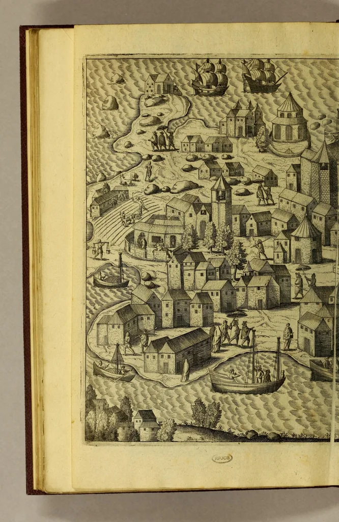 An illustration from Achter Theil der Orientalischen Indien, : begreiffend erstlich ein historische Beschreibung der Schiffart, so der Admiral Jacob von Neck auss Hollandt in die Orientalische Indien von Ann. 1600. biss An. 1603. gethan. Darnach ein historia, so von Johan Herman von Bree, Obersten Handelsmann auff dem Schiff der Hollandische Zaun genannt, in gleichmessiger Reyse von An. 1602. biss in An. 1604. auff gezeichnet worden., 1606, leaf 162
