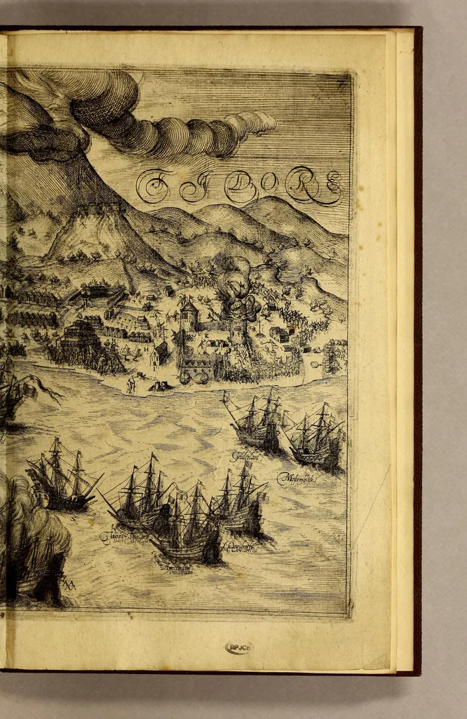 An illustration from Achter Theil der Orientalischen Indien, : begreiffend erstlich ein historische Beschreibung der Schiffart, so der Admiral Jacob von Neck auss Hollandt in die Orientalische Indien von Ann. 1600. biss An. 1603. gethan. Darnach ein historia, so von Johan Herman von Bree, Obersten Handelsmann auff dem Schiff der Hollandische Zaun genannt, in gleichmessiger Reyse von An. 1602. biss in An. 1604. auff gezeichnet worden., 1606, leaf 179