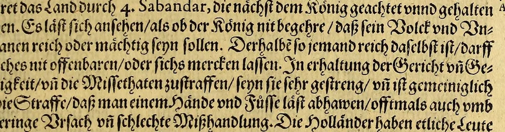 An illustration from Achter Theil der Orientalischen Indien, : begreiffend erstlich ein historische Beschreibung der Schiffart, so der Admiral Jacob von Neck auss Hollandt in die Orientalische Indien von Ann. 1600. biss An. 1603. gethan. Darnach ein historia, so von Johan Herman von Bree, Obersten Handelsmann auff dem Schiff der Hollandische Zaun genannt, in gleichmessiger Reyse von An. 1602. biss in An. 1604. auff gezeichnet worden., 1606, leaf 63