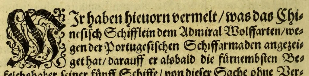 An illustration from Achte Schiffahrt. Kurtze Beschreibung, was sich mit dem Holländern vnd Seeländern, in dem Ost Indien, die nechst verlauffene vier oder fūnff Jahre, als Anno 1599. 1600. 1601. 1602. vnd 1603. zugetragen, : wie sie sich etlich mal mit den Portugesern vnd Hispaniern geschlagen, dauon etliche Schiff An. 1604. in Holland ankommen, vnd was darauff erfolgt., 1605, leaf 36