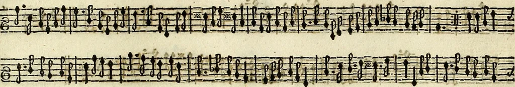 An illustration from [A composite music volume : containing Der Fluyten Lust-Hof, vol Psalmen, Paduanen, Allemanden, Couranten, Balletten, Airs, &c. konstigh en lieflik gefigureert, met veel veranderingen and 'T uitnemed kabinet, vol Pavanen, Almanden, Sarbanden, Couranten, Balletten, Intraden, Airs, &c. en de nieuwste voizen, om met 2 en 3 fioolen, of ander speel-tuigh te gebruiken], 1649, leaf 102