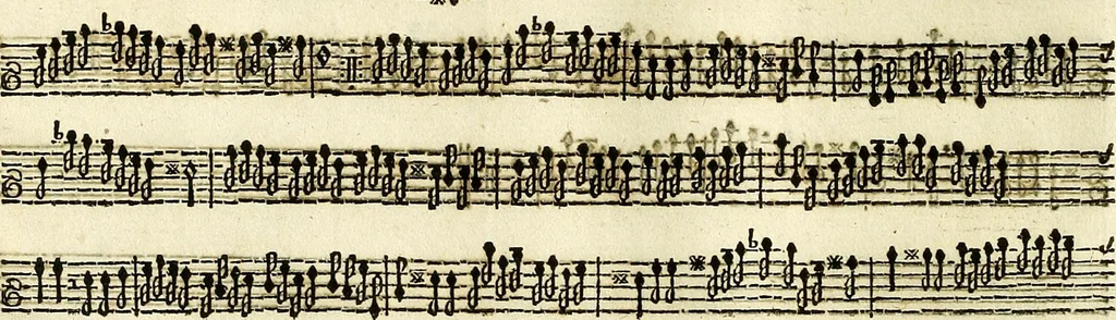 An illustration from [A composite music volume : containing Der Fluyten Lust-Hof, vol Psalmen, Paduanen, Allemanden, Couranten, Balletten, Airs, &c. konstigh en lieflik gefigureert, met veel veranderingen and 'T uitnemed kabinet, vol Pavanen, Almanden, Sarbanden, Couranten, Balletten, Intraden, Airs, &c. en de nieuwste voizen, om met 2 en 3 fioolen, of ander speel-tuigh te gebruiken], 1649, leaf 105