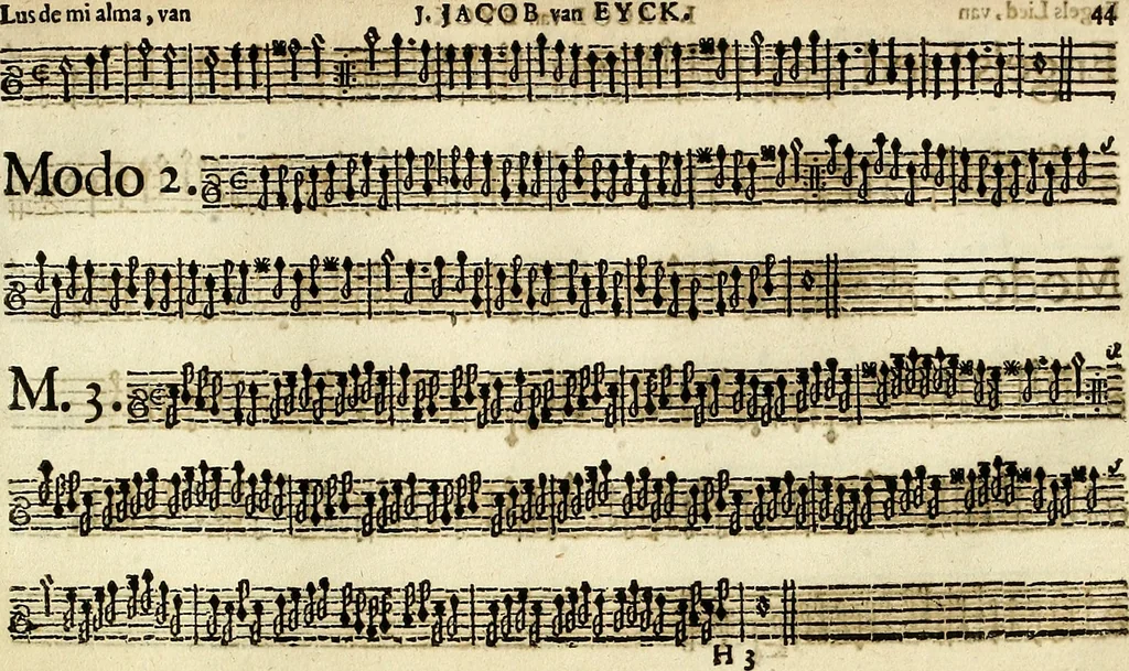 An illustration from [A composite music volume : containing Der Fluyten Lust-Hof, vol Psalmen, Paduanen, Allemanden, Couranten, Balletten, Airs, &c. konstigh en lieflik gefigureert, met veel veranderingen and 'T uitnemed kabinet, vol Pavanen, Almanden, Sarbanden, Couranten, Balletten, Intraden, Airs, &c. en de nieuwste voizen, om met 2 en 3 fioolen, of ander speel-tuigh te gebruiken], 1649, leaf 106